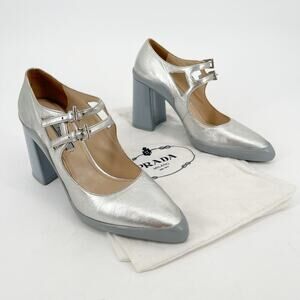 Prada F/W 2015 Silver Metallic Leather Mary Jane Rubber Trim Block Heels IT 37.5